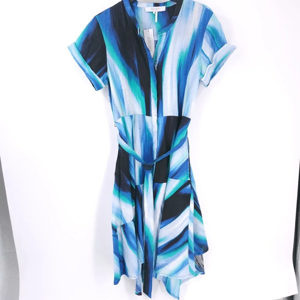 DKNY Brushstroke Caribbean Printed Asymmetrical Button Fit & Flare Dress Size 10